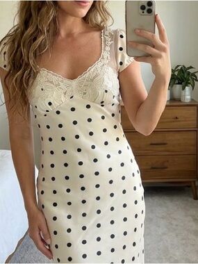 Camila Coelho Cream Polka Dot Lace-Trim Slip Dress